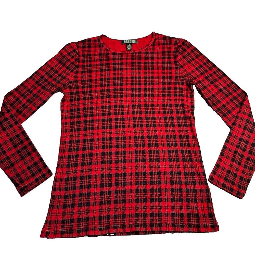 Lauren Ralph Lauren Women’s Red Black Plaid Knit Crew Neck Tee 100% Cotton M